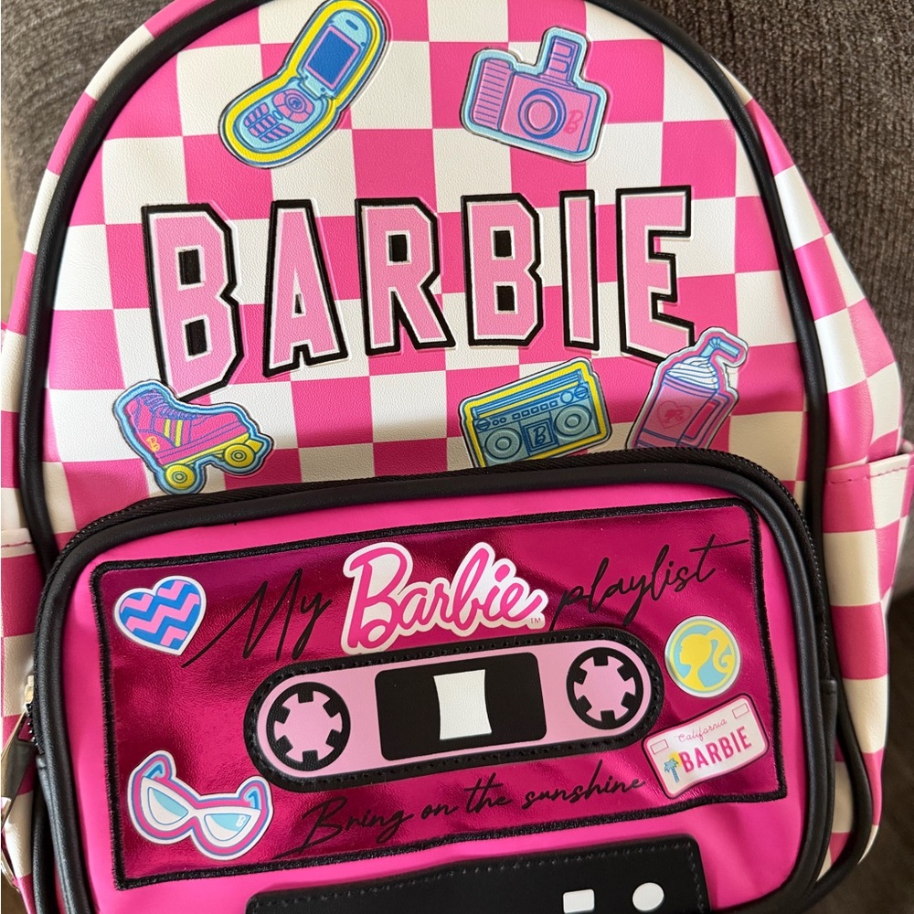 Barbie Pink and White Checkerboard Kids Backpack with Sticker Graphics